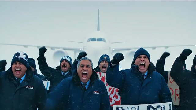 Ground crew shouting at snowy airport runway mechanics and gate agents lead union rally in freezing conditions, men in parkas and beanies hold banners and placards, faces tense, breath