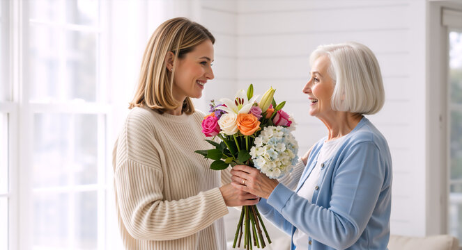 Adult daughter giving a bouquet of flowers to her senior mother. Happy family celebrating mother's day at home. Gift and gratitude concept