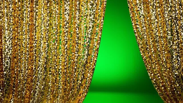 Glittering golden curtain partially revealing a vibrant green backdrop, creating a festive contrast