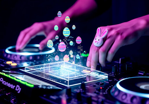 A creative dj mixing music at an electronic easter party with colorful floating holographic egg projections