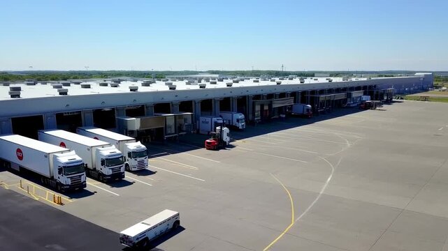 Aerial shot of a large warehouse with loading docks and multiple semi-trucks under a clear blue sky