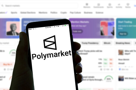 Barcelona, Spain - 18th march 2026: The online betting app Polymarket logo is seen on the screen of a mobile phone