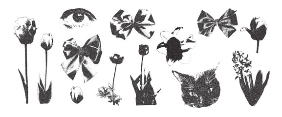 Summer romantic photocopy vintage bow, flower, eye. Ribbon, cat, tulip threshold halftone collage dadaism effect. Dotted stippling black grunge elements. Vector y2k gritty coquette shapes isolated.