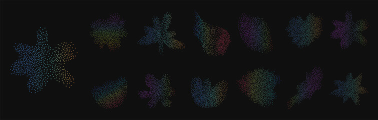 Fototapeta premium Neon rainbow colors grain textured flower gradient shapes set. Gentle florals with soft blur colors. Organic sand noise icons for y2k design. Vector grainy wildflowers liquid forms on white background