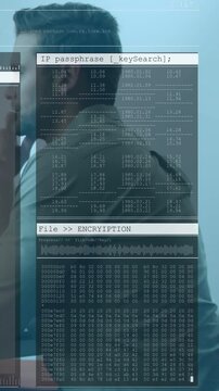 Vertical video: Man making phone call, initiating security overlay analyzing IP passphrase hex dump
