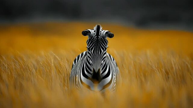 Zebra standing in the african savannah, surrounded by tall yellow grass, looking at the camera