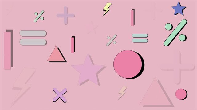 Retro 90s Style Geometric Shapes and Math Symbols Fading In and Out on Pink Background, Memphis Design, 4K Motion Background