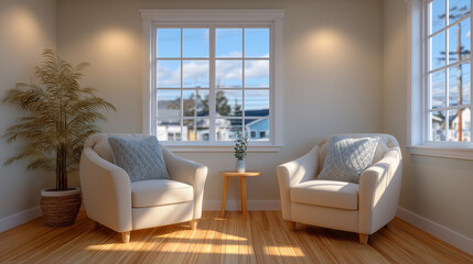 Naklejka premium Wide bright minimalist psychotherapy office featuring two calm neutral consultation chairs facing one another across a small simple table, warm window light spreading softly across