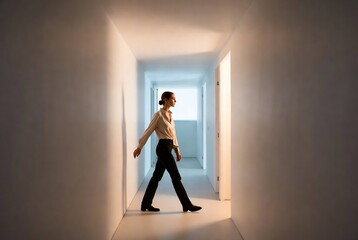 Fototapeta premium A woman walks through a long, white hallway.