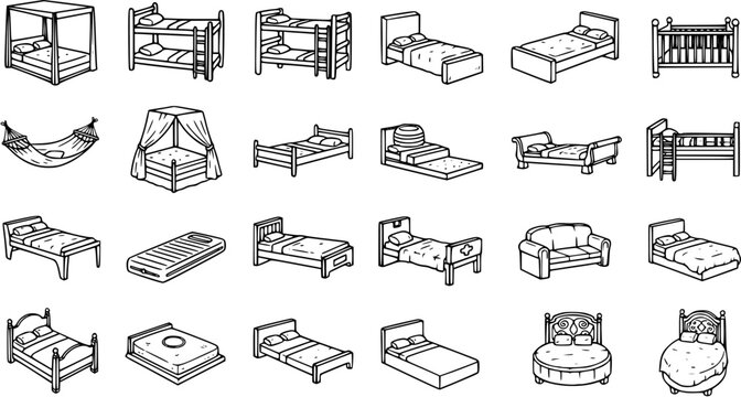 Home Furniture Beds and Sleeping Arrangement Line Art Icons. Set of various bedroom designs, bunks, hammocks, cribs, and mattresses in black and white outline doodle style.