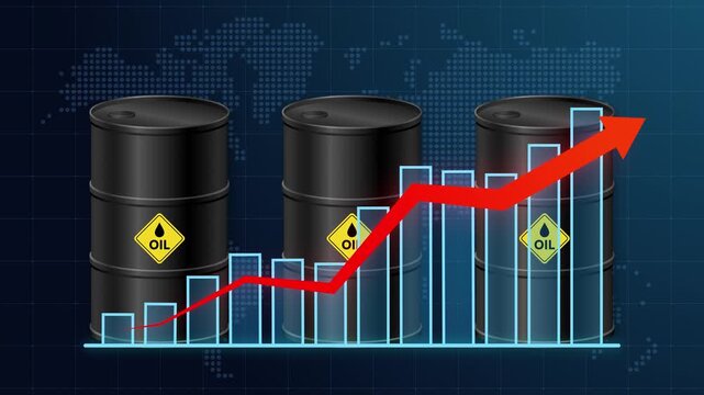 Crude oil price surge and energy crisis concept with rising bar chart, arrow, and oil barrel. Showing global inflation spike, economic recession, supply disruption, and market volatility. 4K animation