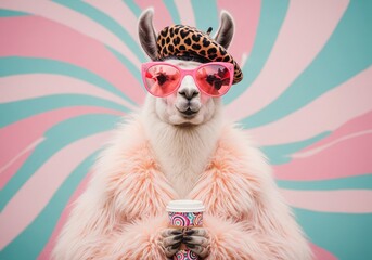 Fototapeta premium Fashionable llama wearing sunglasses and a beret holds a colorful cup of coffee