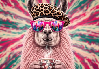 Fototapeta premium Whimsical llama wearing sunglasses and a beret holding a coffee cup with a city skyline reflection