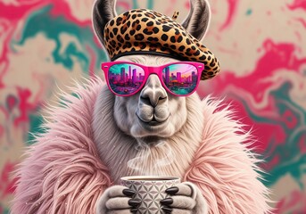 Fototapeta premium Stylish llama wearing a beret and sunglasses, holding a coffee cup and looking cool
