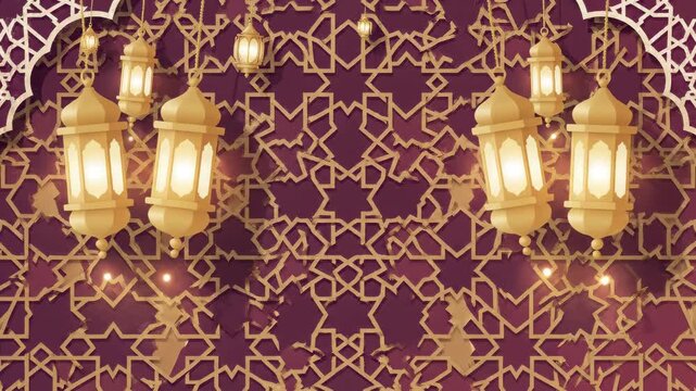 Elegant Ramadan lanterns on patterned background.