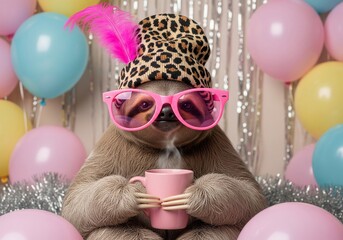 Fototapeta premium A cute sloth in a party hat and pink glasses holds a coffee mug surrounded by balloons and tinsel