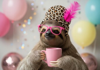 Fototapeta premium A cute sloth wearing a leopard print hat and pink glasses holds a pink mug and smiles at a party
