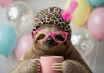 Fototapeta premium A cute sloth wearing pink glasses and a leopard print hat holds a pink mug with a feather