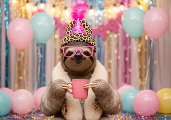 Fototapeta premium A cute sloth wearing a party hat and glasses holds a pink mug at a birthday party