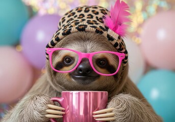Fototapeta premium A cute sloth wearing a leopard print beanie and pink glasses holds a pink mug