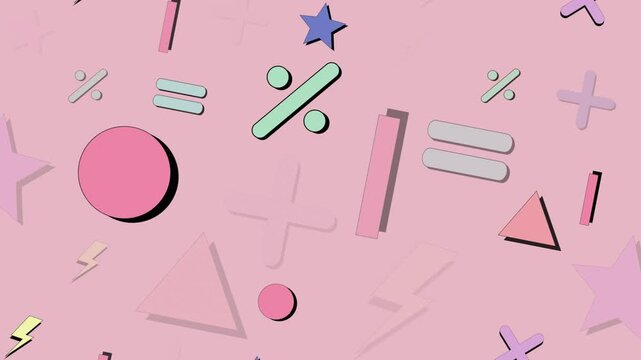 Retro 90s Style Geometric Shapes and Math Symbols Moving Diagonally Left to Right Downward on Pink Background, Memphis Design, 4K Motion Background