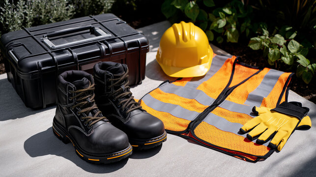 Wide sunlit flat lay of a professional workwear set and toolbox on stone, including a safety helmet, reflective vest, gloves, heavy-duty boots, and closed toolbox, all elements arr