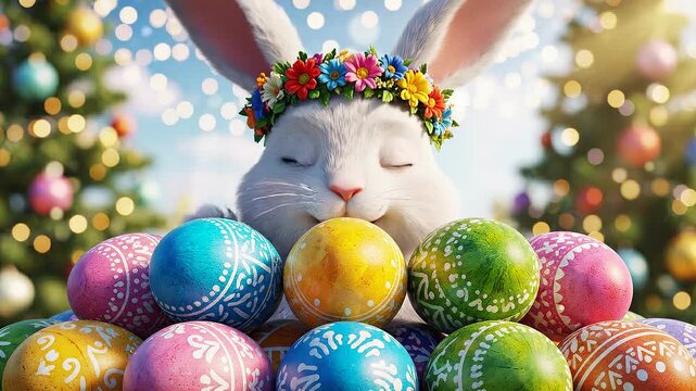 A serene white bunny wearing a floral crown rests its nose on a pile of colorful Easter eggs with white patterns in a festive outdoor setting with Christmas trees and lights.