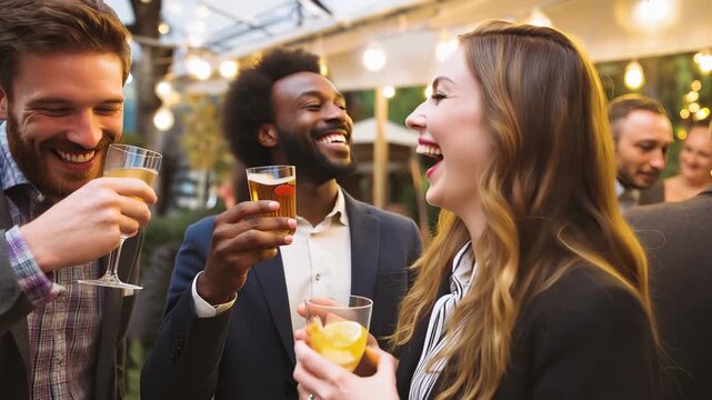 Young colleagues celebrate success with drinks at a lively gathering in an inviting venue during a festive evening