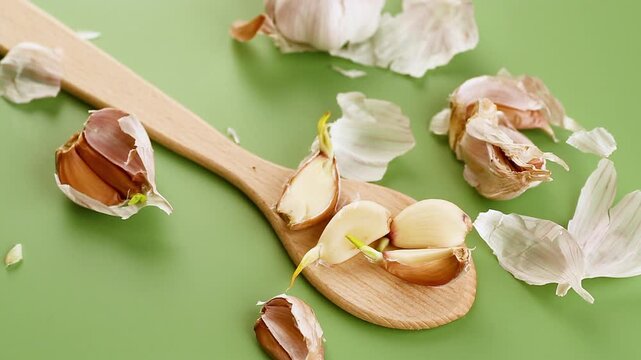 fresh garlic cloves with peel on green background