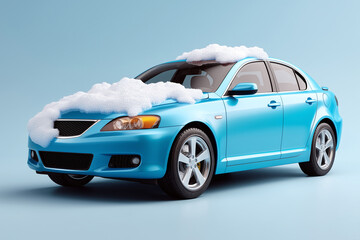 Fototapeta premium Blue car covered with thick foam on a light background. Car care. Car wash products.