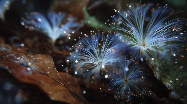 Abstract ecological scene showing decomposers at work, microscopic perspective of bacteria and fungi digesting leaf litter, vivid semi-transparent textures, intricate filament stru