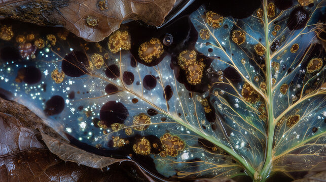 Abstract ecological scene showing decomposers at work, microscopic perspective of bacteria and fungi digesting leaf litter, vivid semi-transparent textures, intricate filament stru