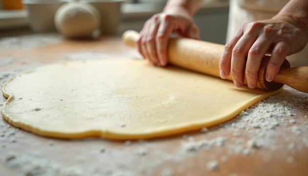 Hands use wooden roller to flatten dough on kitchen table. Flour dusts surface. Baker prepares ingredients for homemade pastry dish. Close-up of food creation.