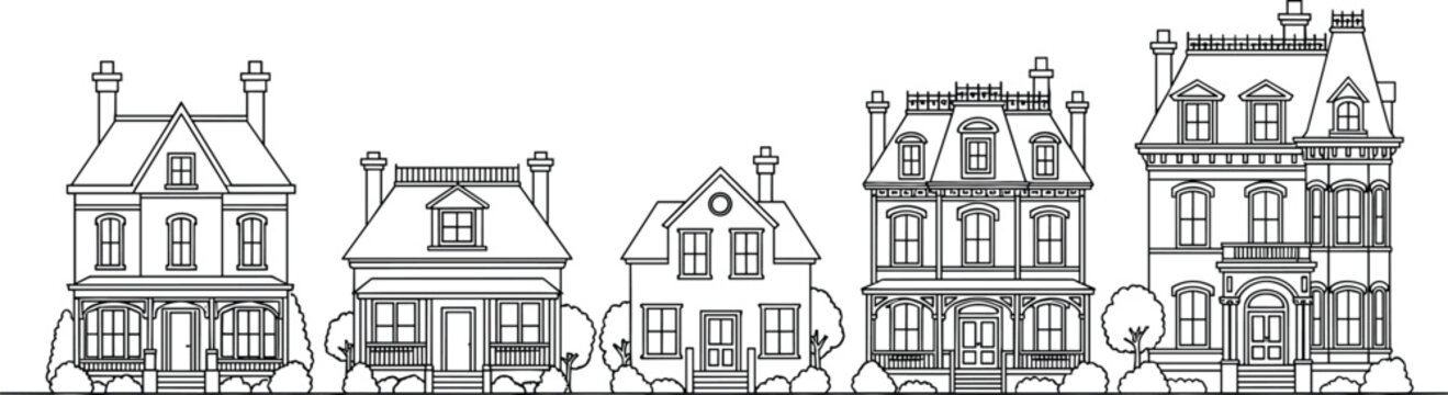 Set Of Detailed Victorian House Line Art Illustrations Featuring Antique Residential Architecture Suburban Homes And Historic Mansions Isolated On A White Background