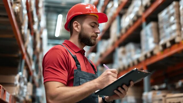 Handsome male worker checking warehouse stock while wearing a red hard hat and clipboard during the day