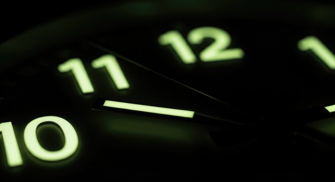 Close-up of a glowing clock face at night.