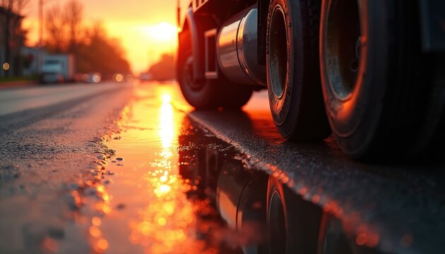 Truck wheels reflect in puddles on wet street during vibrant sunset. Warm orange glow illuminates asphalt and vehicle tires. Evening light creates atmospheric and serene urban scene.