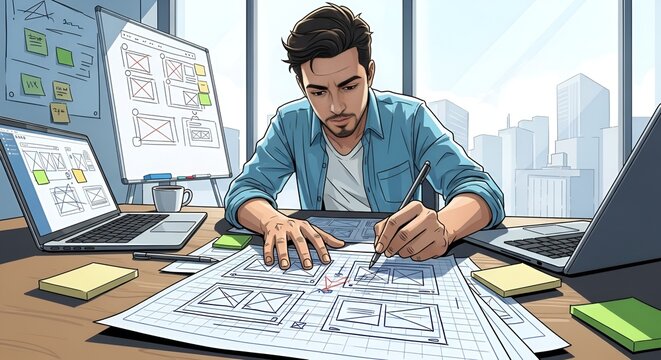 Man designing website wireframes in modern office, planning app interface layout