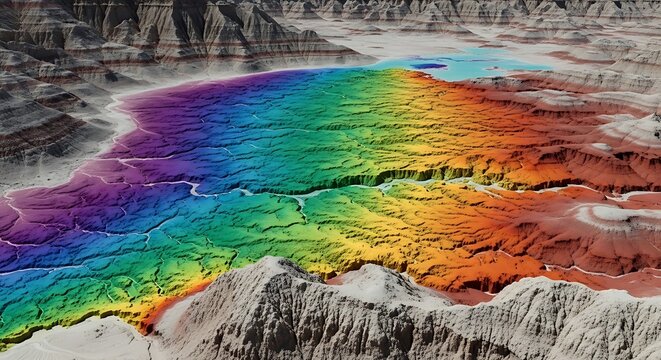 Topographic map of a vast geological formation displaying a vibrant rainbow color spectrum depicting elevation variations in a mountainous terrain