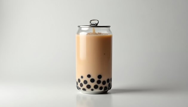 Transparent drink can filled with bubble milk tea. Beverage has tapioca pearls at bottom. Silver ring pull tab lid is sealed. Isolated studio shot with white background.