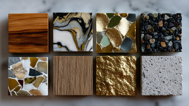 Bright wide flat lay of assorted construction material swatches on a clean table, textures ranging from natural wood grain to patterned stone, metallic sheets, and concrete blocks,