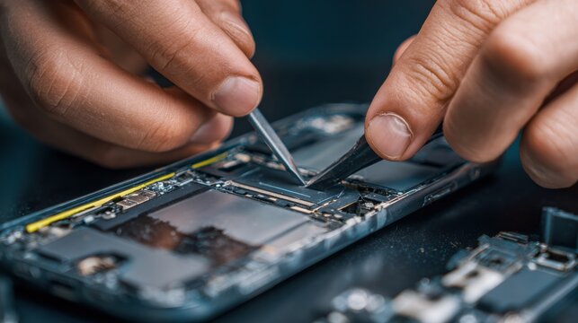 Closeup hands opening smartphone casing, precision toolassisted teardown of internal motherboard, tweezers and screwdriver revealing circuit traces, battery, connectors on cluttered workbench