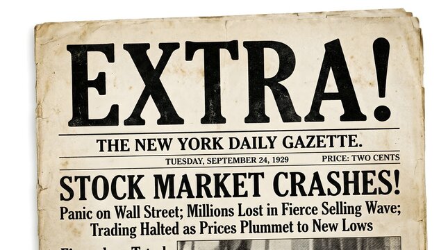 Stock Market Crash Headlines: A vintage newspaper headline announces a stock market crash with dramatic flair. Capturing a sense of financial turmoil and economic history.