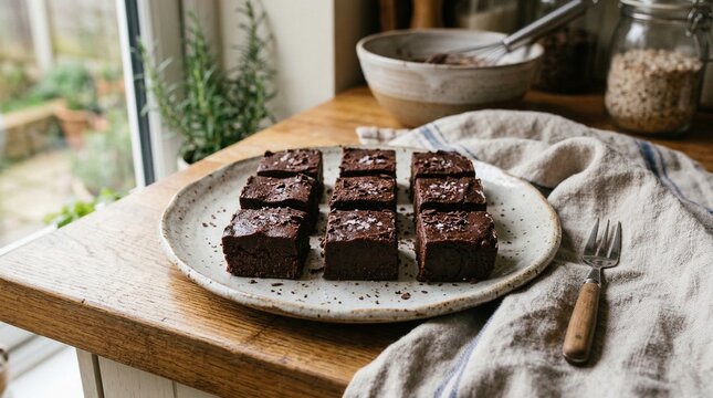 Delicious homemade chocolate brownies sprinkled with sea salt on a rustic plate