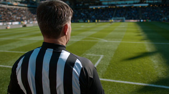 Wide shot of a faceless soccer referee from behind on a bright green football pitch, standing at the edge of the center circle, observing a line of players preparing for a free kic