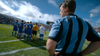 Fototapeta premium Wide shot of a faceless referee from behind, standing at the center circle edge on a bright football field, players lined up in front for a set-piece, vivid colors of grass and kit