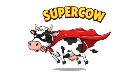 Fototapeta premium A funny cartoon illustration of a flying cow wearing a superhero mask and cape with bold text