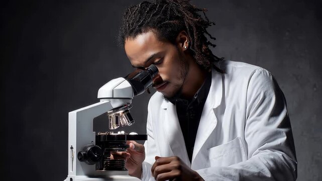Mixed race scientist examines specimen under microscope in laboratory setting, showcasing dedication to research and discovery