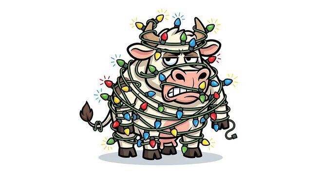 A grumpy cartoon cow tangled in a messy string of colorful glowing christmas holiday lights