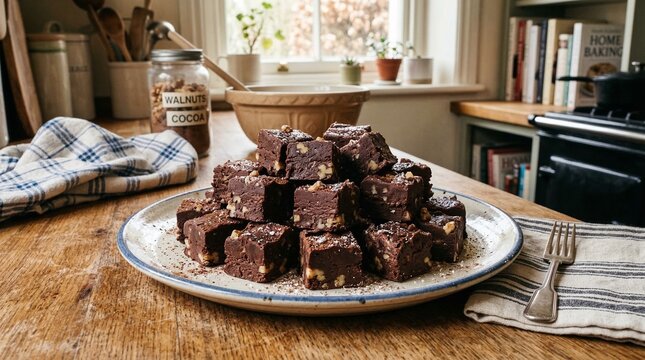 Homemade Chocolate Walnut Fudge Stacked on a Plate in a Rustic Kitchen